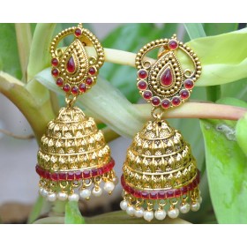  Ruby Studded Jhumkas with Pearls